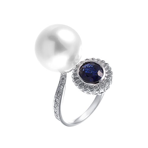 Кольцо с жемчугом, сапфиром и бриллиантами из белого золота 585 пробы