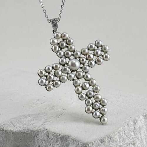 Колье "Крест" с жемчугом из серебра 925 пробы