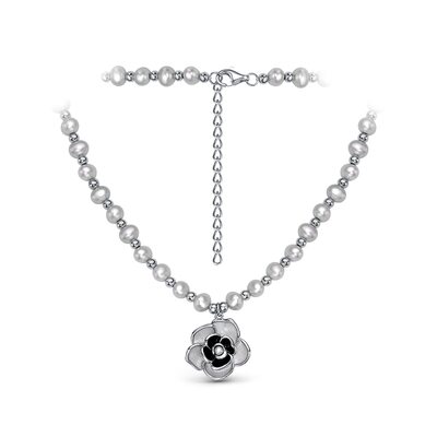 Колье "Цветок" с жемчугом и эмалью из серебра 925 пробы