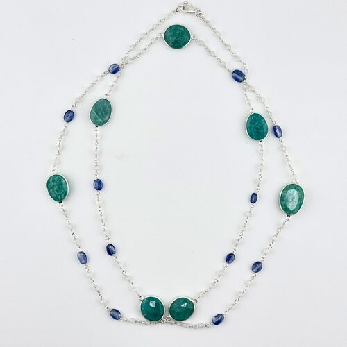 Колье с амазонитом, кианитом и лунным камнем из серебра 925 пробы
