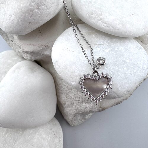 Колье "Сердце" с перламутром и фианитами из серебра 925 пробы