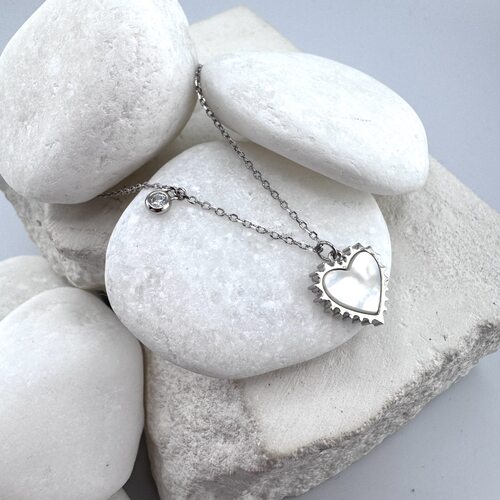 Колье "Сердце" с перламутром и фианитами из серебра 925 пробы