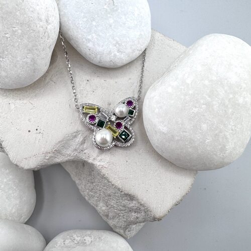 Колье "Бабочка" с жемчугом и фианитами из серебра 925 пробы