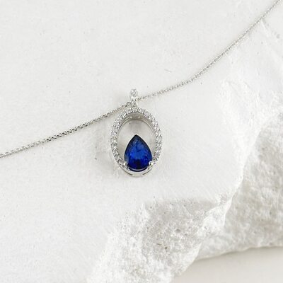 Колье с сапфиром и бриллиантами из белого золота 585 пробы