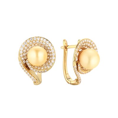 Серьги с жемчугом и фианитами из серебра 925 пробы с позолотой