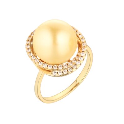 Кольцо с жемчугом и фианитами из серебра 925 пробы с позолотой