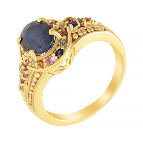 Кольцо с корундом и сапфирами из серебра 925 пробы с позолотой