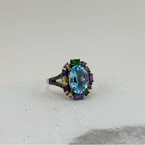 Кольцо с топазом, аметистом, родолитом, цитрином, хромдиопсидом, гранатом и кварцем из серебра 925 пробы