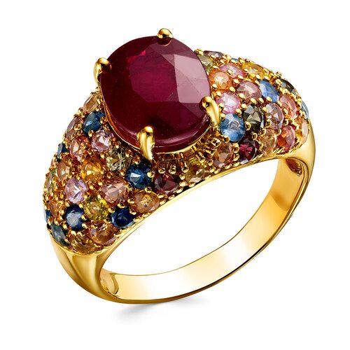 Кольцо с корундом и сапфирами из серебра 925 пробы с позолотой