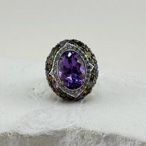 Кольцо с аметистом, турмалинами, перидотом и цирконом из серебра 925 пробы