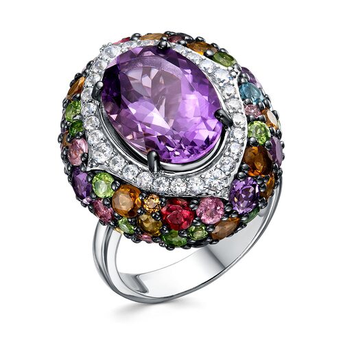 Кольцо с аметистом, турмалинами, перламутром и цирконом из серебра 925 пробы