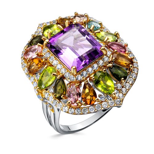 Кольцо с аметистом, перламутром, турмалинами и цирконом из серебра 925 пробы