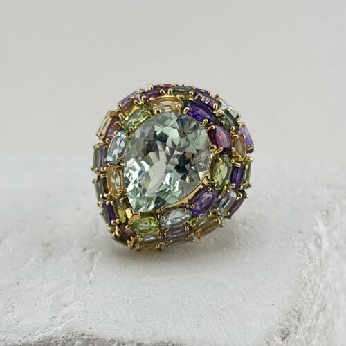 Кольцо с аметистами, перидотом, топазом, цитрином, родолитом, турмалином и цирконом из серебра 925 пробы