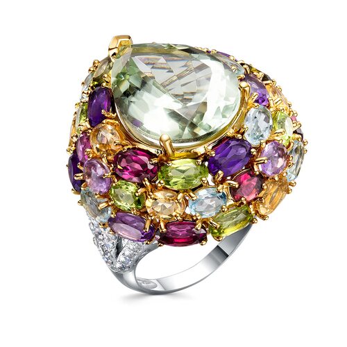 Кольцо с аметистами, перламутром, топазом, цитрином, родолитом, турмалином и цирконом из серебра 925 пробы