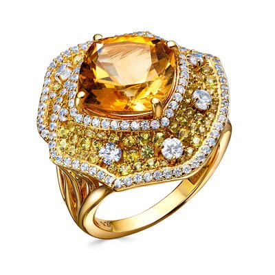Кольцо с цитрином, сапфирами и цирконом из серебра 925 пробы с позолотой