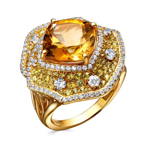 Кольцо с цитрином, сапфирами и цирконом из серебра 925 пробы