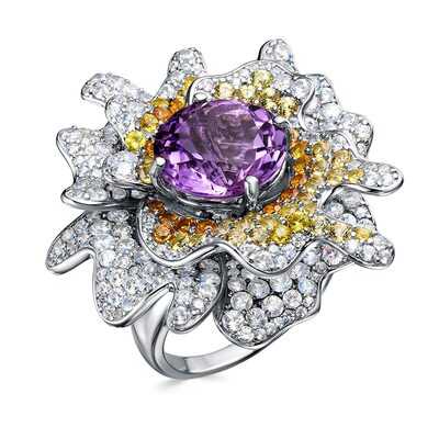 Кольцо с аметистом, сапфирами и цирконом из серебра 925 пробы