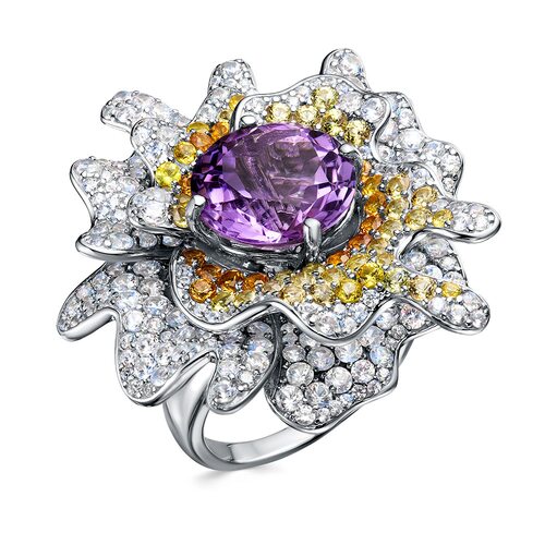 Кольцо с аметистом, сапфирами и цирконом из серебра 925 пробы