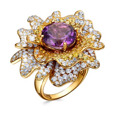 Кольцо с аметистами, сапфирами и цирконом из серебра 925 пробы с позолотой
