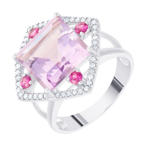 Кольцо с аметистом, сапфирами и бриллиантами из белого золота 585 пробы