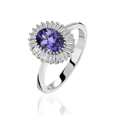 Кольцо с танзанитом и бриллиантами из белого золота 585 пробы