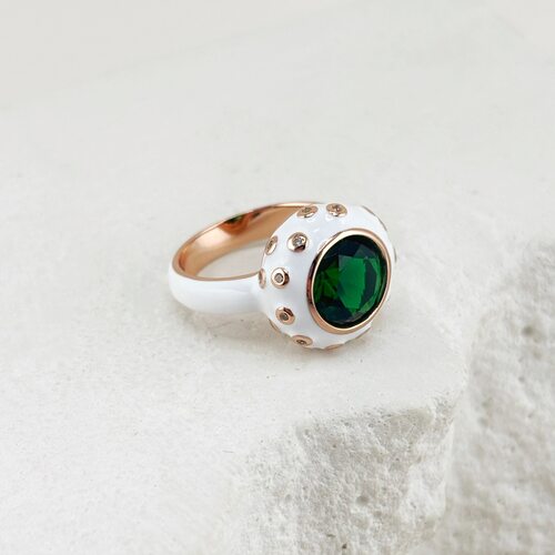 Кольцо с ювелирным стеклом, фианитами и эмалью из серебра 925 пробы с позолотой