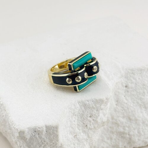 Кольцо с фианитами, бирюзой и эмалью из серебра 925 пробы с позолотой