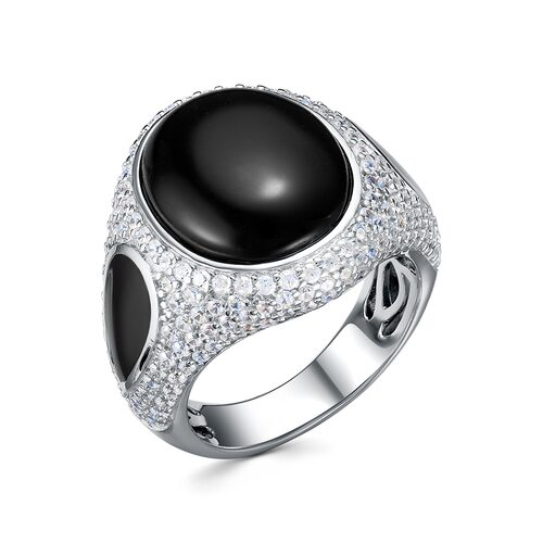 Кольцо с ониксом, эмалью и фианитами из серебра 925 пробы