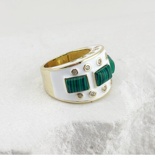 Кольцо с фианитами, малахитом и эмалью из серебра 925 пробы с позолотой