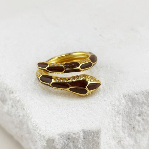 Кольцо "Змея" с фианитами и эмалью из серебра 925 пробы с позолотой