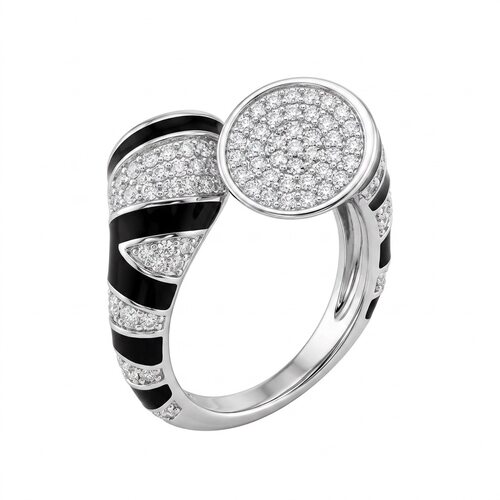 Кольцо с фианитами, ониксом и эмалью из серебра 925 пробы