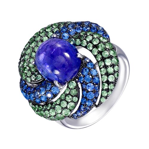 Кольцо с танзанитом, цаворитом и сапфирами из белого золота 585 пробы