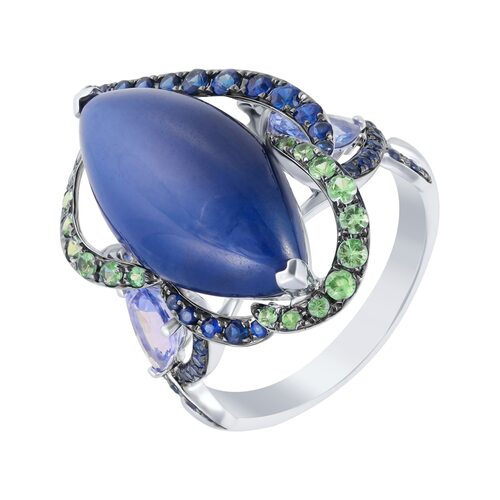 Кольцо с сапфирами, танзанитами и цаворитом из белого золота 585 пробы