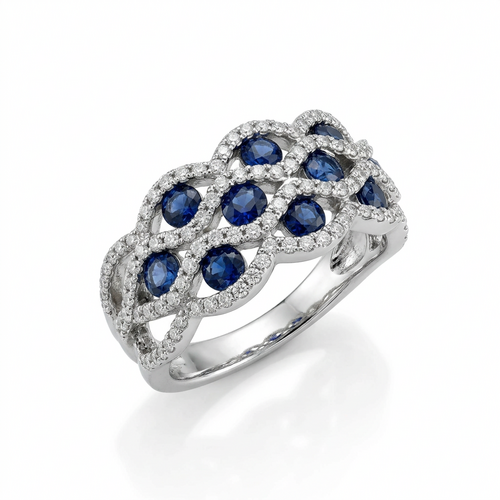 Кольцо с сапфирами и бриллиантами из белого золота 585 пробы