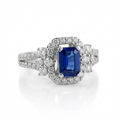 Кольцо с сапфиром и бриллиантами из белого золота 585 пробы