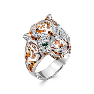 Кольцо "Пантера" с фианитами и эмалью из серебра 925 пробы