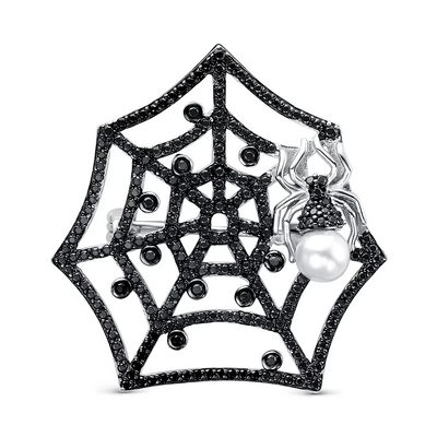 Брошь "Паутина" со шпинелью и жемчугом из серебра 925 пробы