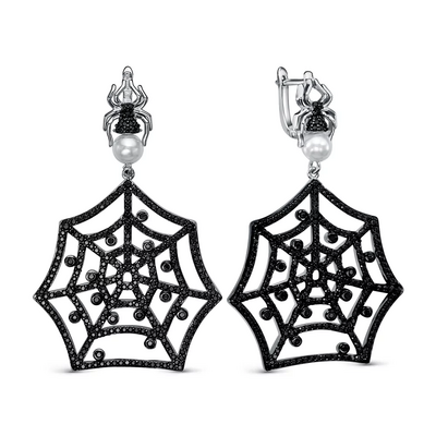 Серьги "Паутина" со шпинелью и жемчугом из серебра 925 пробы