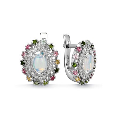 Серьги с опалом, турмалинами и фианитами из серебра 925 пробы