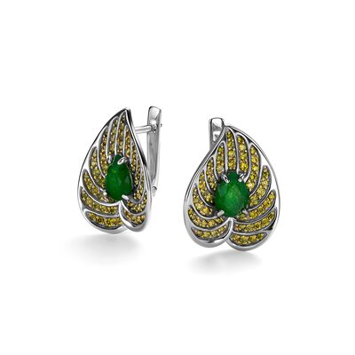 Серьги "Листья" с жадеитом и фианитами из серебра 925 пробы