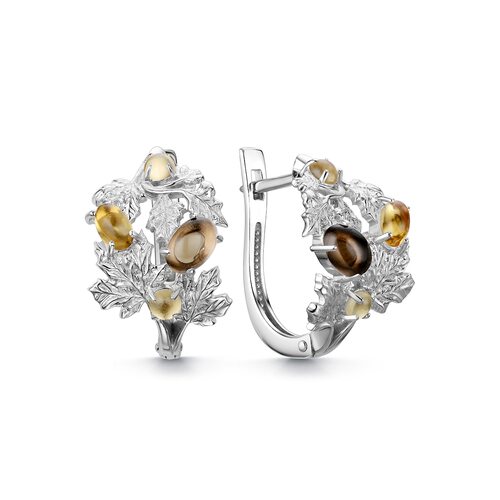 Серьги "Листья" с раух-топазом и цитринами из серебра 925 пробы