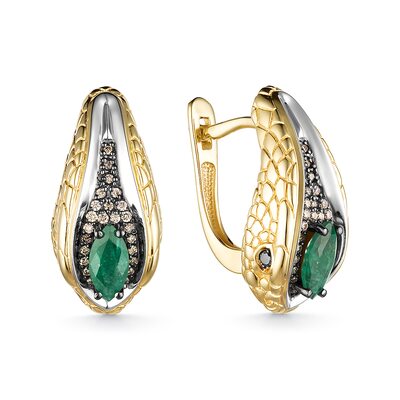 Серьги "Змеи" с изумрудами и коньячными бриллиантами из золота 585 пробы