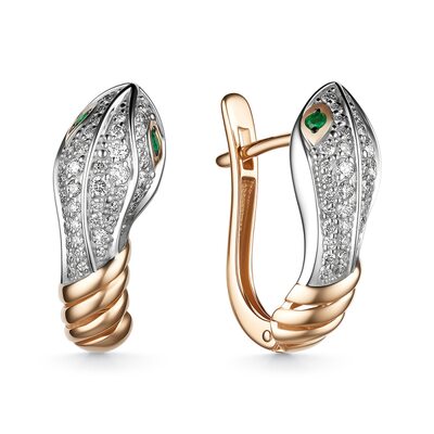 Серьги "Змеи" с бриллиантами и изумрудами из золота 585 пробы
