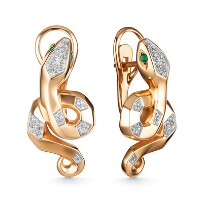 Серьги "Змеи" с бриллианатми и изумрудами из золота 585 пробы