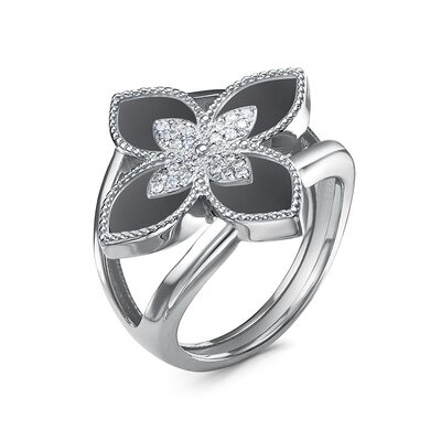 Кольцо "Цветок" с ониксом и фианитами из серебра 925 пробы
