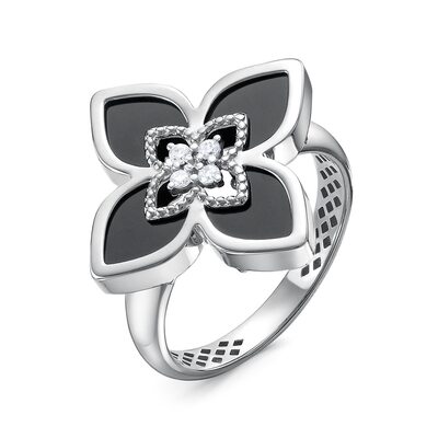 Кольцо "Цветок" с ониксом и фианитами из серебра 925 пробы