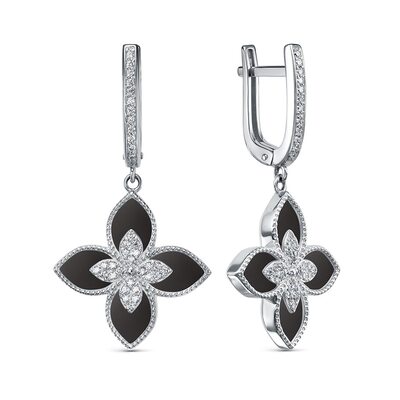 Серьги "Цветы" с ониксом и фианитами из серебра 925 пробы