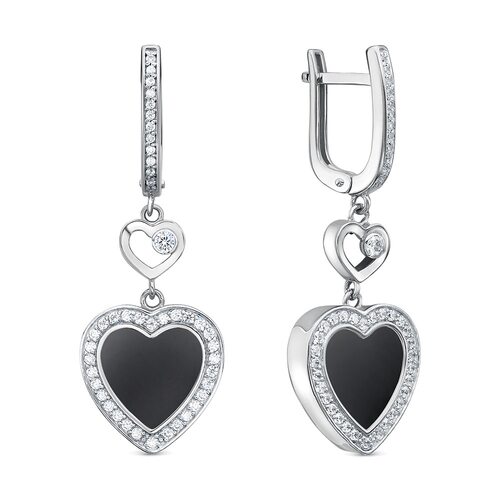 Серьги "Сердца" с ониксом и фианитами из серебра 925 пробы