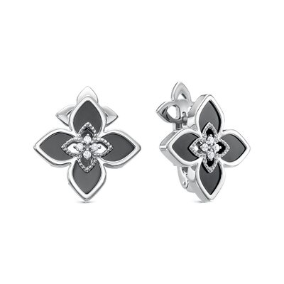Серьги "Цветы" с ониксом и фианитами из серебра 925 пробы