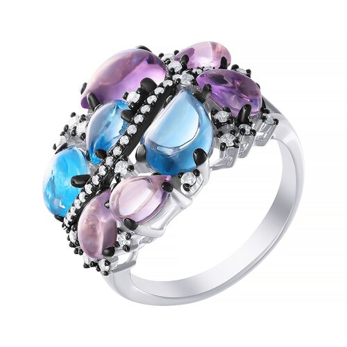 Кольцо с аметистами, топазами и бриллиантами из белого золота 585 пробы